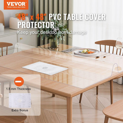 Plastic Table Cover, 48 x 48 Inch 1.5 mm Thick Clear Table Protector, Square PVC Desk Mat, Waterproof & Easy Cleaning Desk Pad Tablecloth, for Office Dresser Dining Room Table Night Stand.
