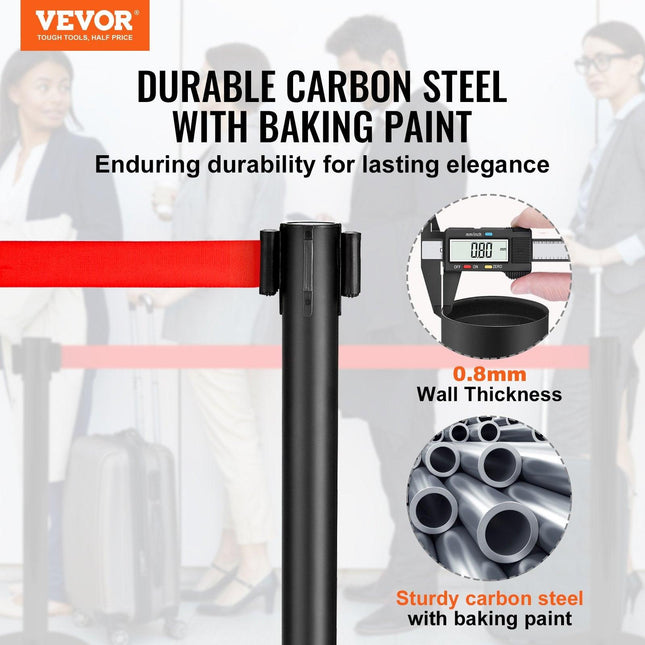 Crowd Control Stanchions, 2-Pack Crowd Control Barriers, Carbon Steel Baking Painted Stanchion Queue Post with 11FT Red Retractable Belt, Belt Barriers Line Divider for Exhibition, Airport.