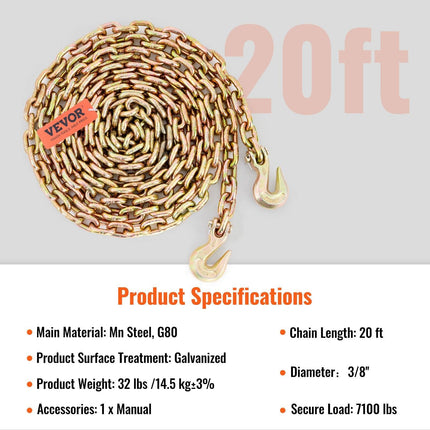 Transport Binder Chain, 220 kg Working Load Limit, 3/8'' x 20' G80 Tow Chain Tie Down with Grab Hooks, DOT Certified, Galvanized Coating Manganese Steel for Dock Factory Construction Site.
