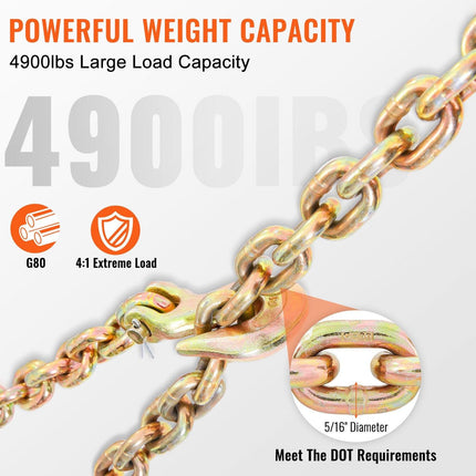 Transport Binder Chain, 2222 kg Working Load Limit, 5/16''x20' G80 Tow Chain Tie Down with Grab Hooks, DOT Certified, Galvanized Coating Manganese Steel for Dock Factory Construction Site, 2Pack.