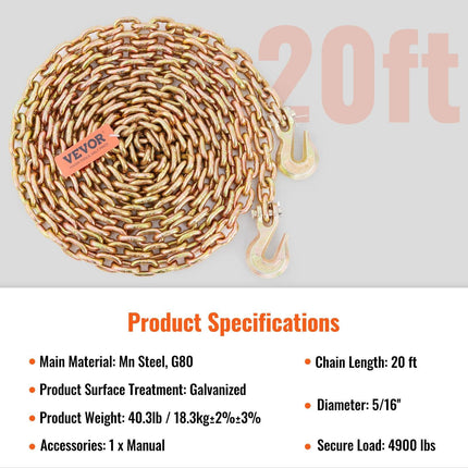 Transport Binder Chain, 2222 kg Working Load Limit, 5/16''x20' G80 Tow Chain Tie Down with Grab Hooks, DOT Certified, Galvanized Coating Manganese Steel for Dock Factory Construction Site, 2Pack.