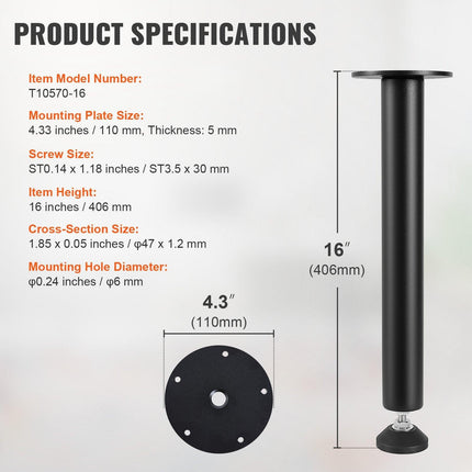 406.4MM Adjustable Desk Legs, Reinforced Steel Office Table Furniture legs Set of 4 for DIY, 1200 lbs Load Capacity Heavy Duty Desk Legs, Quick Instalation Legs with Adjustable Foot Cup Black.