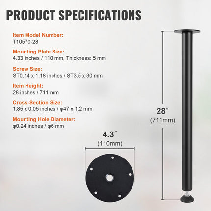 711.2MM Adjustable Desk Legs, Reinforced Steel Office Table Furniture legs Set of 4 for DIY, 544.3KG Load Capacity Heavy Duty Desk Legs, Quick Instalation Legs with Adjustable Foot Cup Black.
