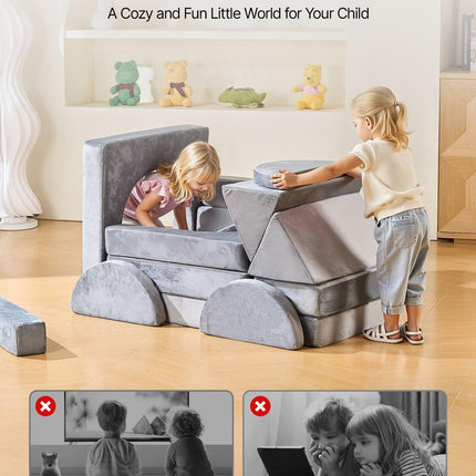 VEVOR Modular Kids Play Couch, Sectional Toddler Sofa with Armrests, 28D Sponge & Short Pile, Convertible Kids Modular Couch DIY Creative Combination for Playroom, Bedroom, Living Room, 14 Pcs, Gray.