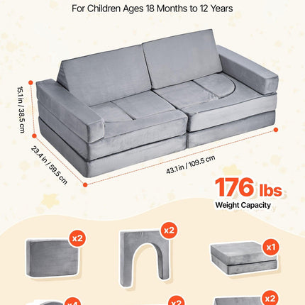 VEVOR Modular Kids Play Couch, Sectional Toddler Sofa with Armrests, 28D Sponge & Short Pile, Convertible Kids Modular Couch DIY Creative Combination for Playroom, Bedroom, Living Room, 14 Pcs, Gray.