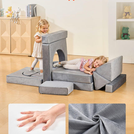 VEVOR Modular Kids Play Couch, Sectional Toddler Sofa with Armrests, 28D Sponge & Short Pile, Convertible Kids Modular Couch DIY Creative Combination for Playroom, Bedroom, Living Room, 14 Pcs, Gray.
