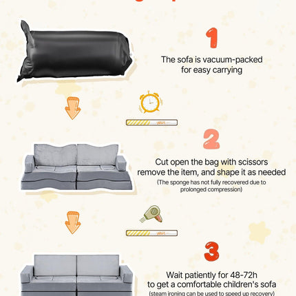 VEVOR Modular Kids Play Couch, Sectional Toddler Sofa with Armrests, 28D Sponge & Short Pile, Convertible Kids Modular Couch DIY Creative Combination for Playroom, Bedroom, Living Room, 14 Pcs, Gray.