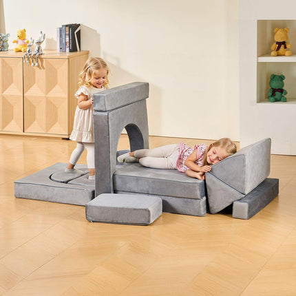 VEVOR Modular Kids Play Couch, Sectional Toddler Sofa with Armrests, 28D Sponge & Short Pile, Convertible Kids Modular Couch DIY Creative Combination for Playroom, Bedroom, Living Room, 14 Pcs, Gray.