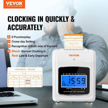 Punch Time Clock, Time Tracker Machine for Employees of Small Business, 6 Punches per Day, Time Clock Punch Machine Includes 102 Time Cards, 1 Ink Ribbon and 2 Security Keys.