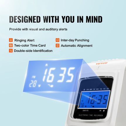 Punch Time Clock, Time Tracker Machine for Employees of Small Business, 6 Punches per Day, Time Clock Punch Machine Includes 102 Time Cards, 1 Ink Ribbon and 2 Security Keys.