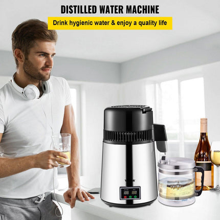 1.1 Gal Water Distiller, 0.3 Gal/H, 750W Distilled Water Maker Machine 0-99H Timing Set Temp Display, 304 Stainless Steel Countertop Distiller Glass Carafe Cleaning Powder 3 Carbon Packs, Silver.