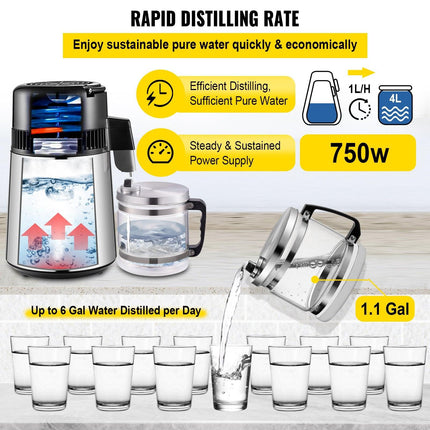 1.1 Gal Water Distiller, 0.3 Gal/H, 750W Distilled Water Maker Machine 0-99H Timing Set Temp Display, 304 Stainless Steel Countertop Distiller Glass Carafe Cleaning Powder 3 Carbon Packs, Silver.