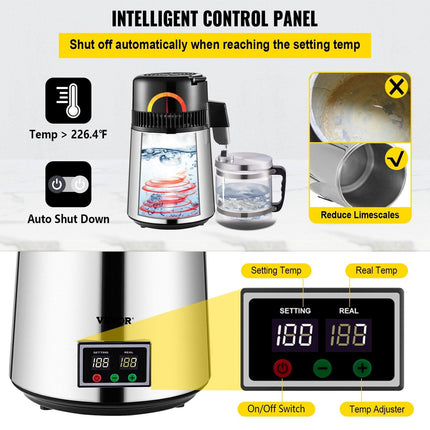 1.1 Gal Water Distiller, 0.3 Gal/H, 750W Distilled Water Maker Machine 0-99H Timing Set Temp Display, 304 Stainless Steel Countertop Distiller Glass Carafe Cleaning Powder 3 Carbon Packs, Silver.