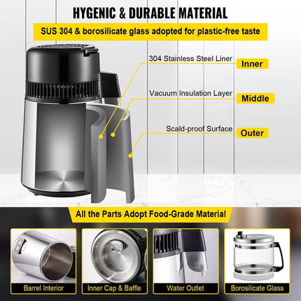 1.1 Gal Water Distiller, 0.3 Gal/H, 750W Distilled Water Maker Machine 0-99H Timing Set Temp Display, 304 Stainless Steel Countertop Distiller Glass Carafe Cleaning Powder 3 Carbon Packs, Silver.