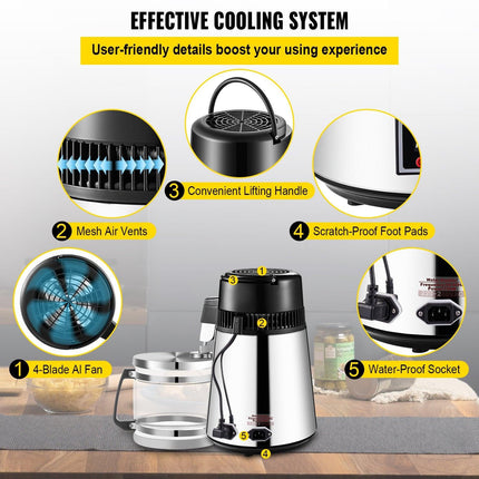 1.1 Gal Water Distiller, 0.3 Gal/H, 750W Distilled Water Maker Machine 0-99H Timing Set Temp Display, 304 Stainless Steel Countertop Distiller Glass Carafe Cleaning Powder 3 Carbon Packs, Silver.