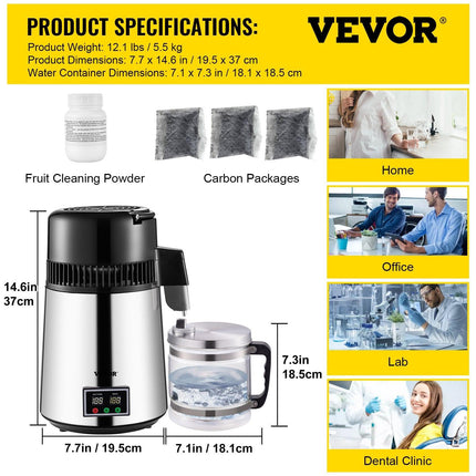 1.1 Gal Water Distiller, 0.3 Gal/H, 750W Distilled Water Maker Machine 0-99H Timing Set Temp Display, 304 Stainless Steel Countertop Distiller Glass Carafe Cleaning Powder 3 Carbon Packs, Silver.