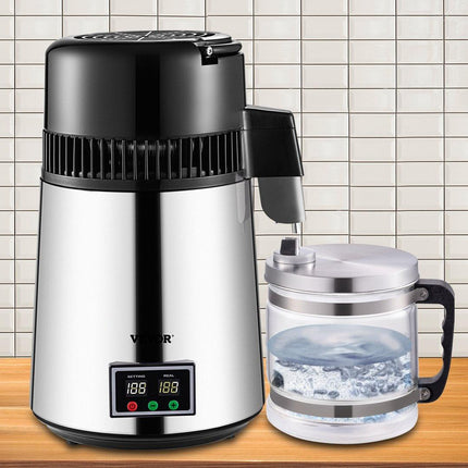 1.1 Gal Water Distiller, 0.3 Gal/H, 750W Distilled Water Maker Machine 0-99H Timing Set Temp Display, 304 Stainless Steel Countertop Distiller Glass Carafe Cleaning Powder 3 Carbon Packs, Silver.