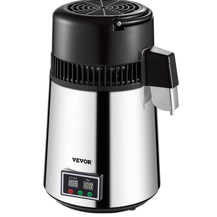 1.1 Gal Water Distiller, 0.3 Gal/H, 750W Distilled Water Maker Machine 0-99H Timing Set Temp Display, 304 Stainless Steel Countertop Distiller Glass Carafe Cleaning Powder 3 Carbon Packs, Silver.