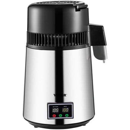 1.1 Gal Water Distiller, 0.3 Gal/H, 750W Distilled Water Maker Machine 0-99H Timing Set Temp Display, 304 Stainless Steel Countertop Distiller Glass Carafe Cleaning Powder 3 Carbon Packs, Silver.