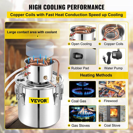 50L Water Alcohol Distiller Copper Moonshinestill Brewing w/ Water Pump.
