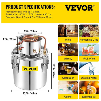 50L Water Alcohol Distiller Copper Moonshinestill Brewing w/ Water Pump.