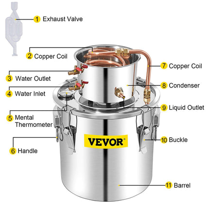50L Water Alcohol Distiller Copper Moonshinestill Brewing w/ Water Pump.