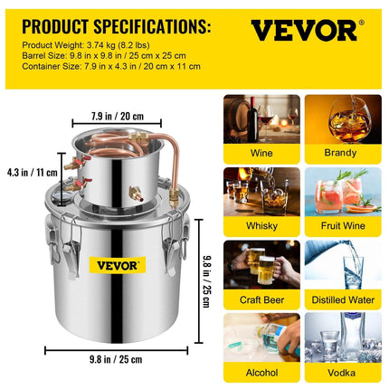 Moonshine Still 3 Gal 12L Stainless Steel Water Alcohol Distiller Copper Tube Home Brewing Kit Build-in Thermometer for DIY Whisky Wine Brandy, 3Gal, Sliver.