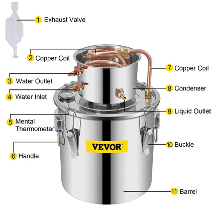 Moonshine Still 3 Gal 12L Stainless Steel Water Alcohol Distiller Copper Tube Home Brewing Kit Build-in Thermometer for DIY Whisky Wine Brandy, 3Gal, Sliver.