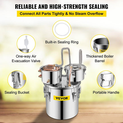 Moonshine Still 5 Gal 21L Stainless Steel Water Alcohol Distiller Copper Tube Home Brewing Kit Build-in Thermometer for DIY Whisky Wine Brandy, 5GAL, 3 pots.