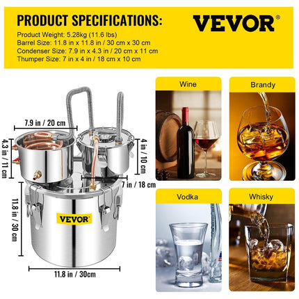 Moonshine Still 5 Gal 21L Stainless Steel Water Alcohol Distiller Copper Tube Home Brewing Kit Build-in Thermometer for DIY Whisky Wine Brandy, 5GAL, 3 pots.