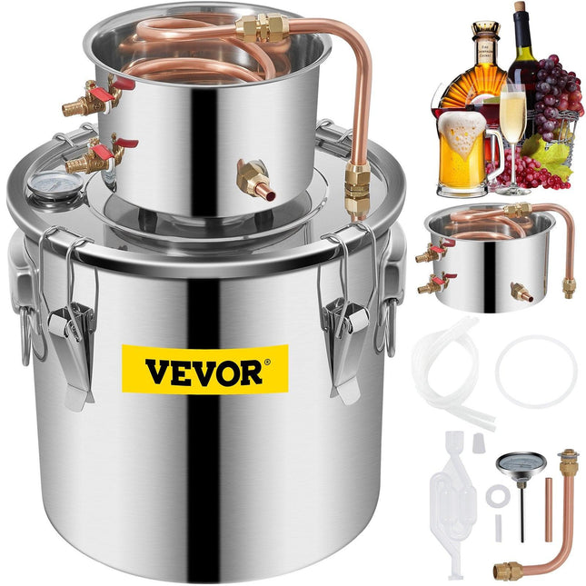 Moonshine Still 5 Gal 21L Stainless Steel Water Alcohol Distiller Copper Tube Home Brewing Kit Build-in Thermometer for DIY Whisky Wine Brandy, 5Gal, Silver.