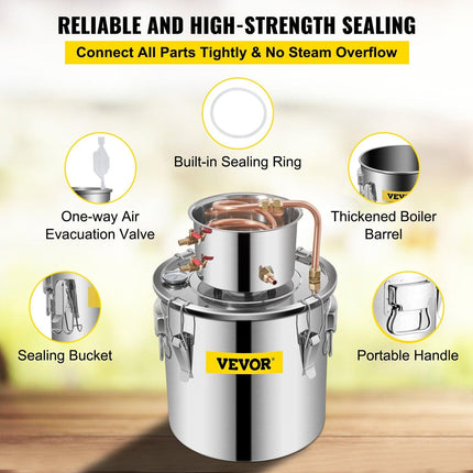 Moonshine Still 5 Gal 21L Stainless Steel Water Alcohol Distiller Copper Tube Home Brewing Kit Build-in Thermometer for DIY Whisky Wine Brandy, 5Gal, Silver.