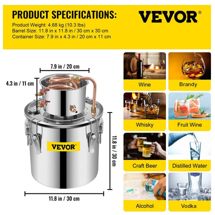 Moonshine Still 5 Gal 21L Stainless Steel Water Alcohol Distiller Copper Tube Home Brewing Kit Build-in Thermometer for DIY Whisky Wine Brandy, 5Gal, Silver.
