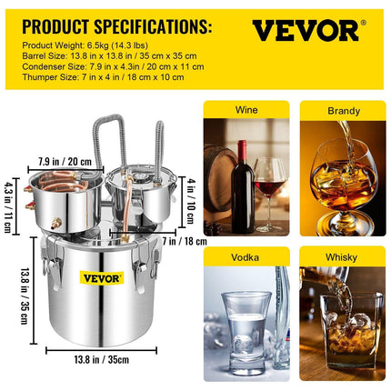 30L 8Gal Alcohol Distiller Water Spirit Boiler Home Brew Copper Alcohol Still.