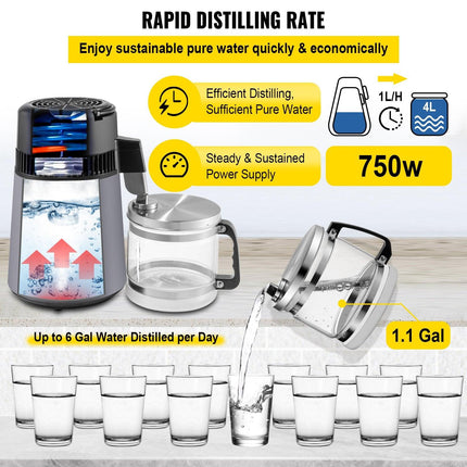 Home Water Distiller Distilled Water Maker 4 L with Dual Temp Display Grey.