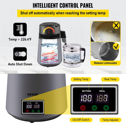 Home Water Distiller Distilled Water Maker 4 L with Dual Temp Display Grey.