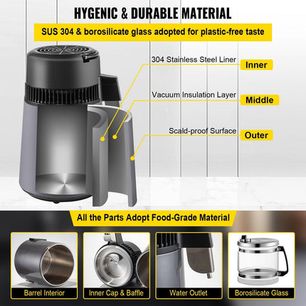 Home Water Distiller Distilled Water Maker 4 L with Dual Temp Display Grey.