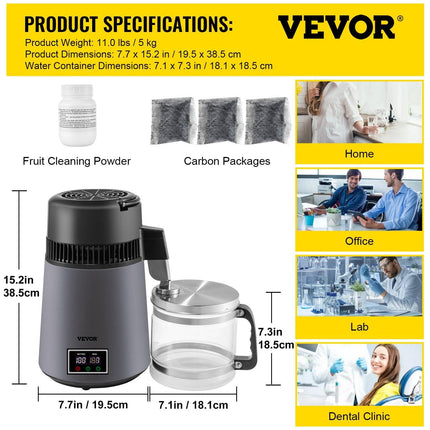 Home Water Distiller Distilled Water Maker 4 L with Dual Temp Display Grey.