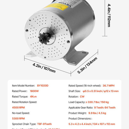 1800W Electric Brushless DC Motor 48V 4500rpm Motor for E-Bike Dirt Bike.