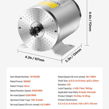 1800W Electric Brushless DC Motor Kit - 48V 4500rpm Motor with Upgraded Speed Controller, Foot Pedal and Throttle Grip Kit for Go Karts E-Bike Motorcycle Scooter.
