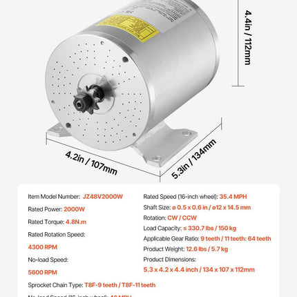 2000W Electric Brushless DC Motor Kit - 48V 4300rpm Motor with Upgraded Speed Controller and Throttle Grip Kit for Go Karts E-Bike Motorcycle Scooter DIY.