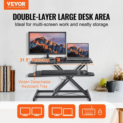 Standing Desk Converter, Two-Tier Stand up Desk Riser, 800 mm Large Sit to Stand Desk Converter,140-510 mm Adjustable Height, for Monitor, Keyboard & Accessories Used in Home Office.