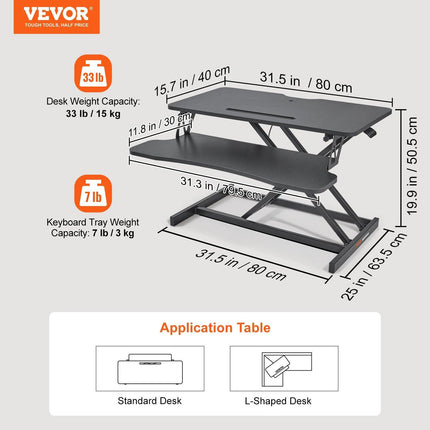 Standing Desk Converter, Two-Tier Stand up Desk Riser, 800 mm Large Sit to Stand Desk Converter,140-510 mm Adjustable Height, for Monitor, Keyboard & Accessories Used in Home Office.