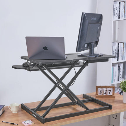 Standing Desk Converter, Two-Tier Stand up Desk Riser, 800 mm Large Sit to Stand Desk Converter,140-510 mm Adjustable Height, for Monitor, Keyboard & Accessories Used in Home Office.