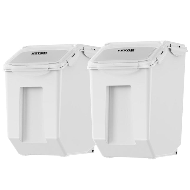 Ingredient Storage Bin, 2 x 15L Dispenser Bin with 2 Measuring Cups, Attachable Casters and Airtight Lid, 2 Pcs/Set Dog Pet Food Storage Container, PP Material Kitchen Rice Cereal Flour Bin.