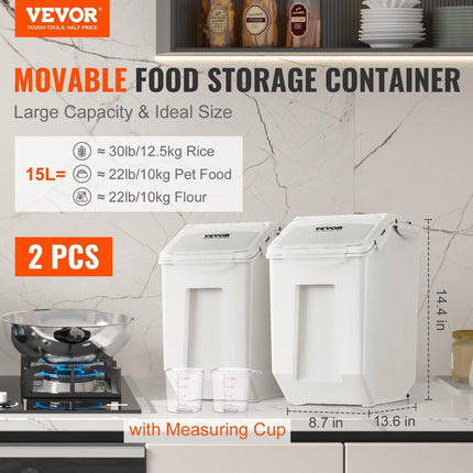 Ingredient Storage Bin, 2 x 15L Dispenser Bin with 2 Measuring Cups, Attachable Casters and Airtight Lid, 2 Pcs/Set Dog Pet Food Storage Container, PP Material Kitchen Rice Cereal Flour Bin.