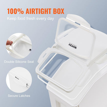 Ingredient Storage Bin, 2 x 15L Dispenser Bin with 2 Measuring Cups, Attachable Casters and Airtight Lid, 2 Pcs/Set Dog Pet Food Storage Container, PP Material Kitchen Rice Cereal Flour Bin.