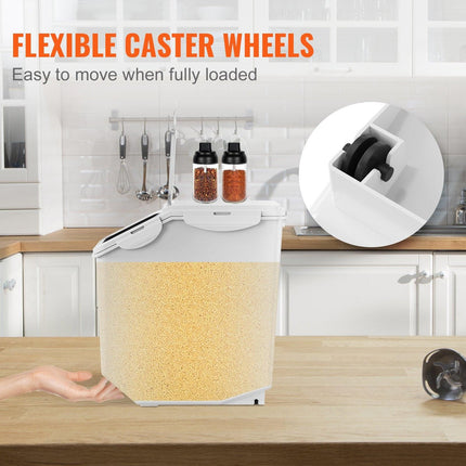 Ingredient Storage Bin, 2 x 15L Dispenser Bin with 2 Measuring Cups, Attachable Casters and Airtight Lid, 2 Pcs/Set Dog Pet Food Storage Container, PP Material Kitchen Rice Cereal Flour Bin.