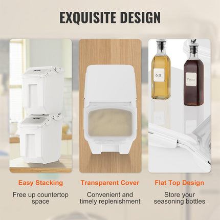 Ingredient Storage Bin, 2 x 15L Dispenser Bin with 2 Measuring Cups, Attachable Casters and Airtight Lid, 2 Pcs/Set Dog Pet Food Storage Container, PP Material Kitchen Rice Cereal Flour Bin.