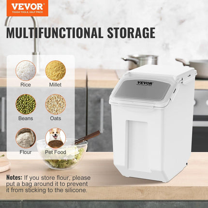 Ingredient Storage Bin, 2 x 15L Dispenser Bin with 2 Measuring Cups, Attachable Casters and Airtight Lid, 2 Pcs/Set Dog Pet Food Storage Container, PP Material Kitchen Rice Cereal Flour Bin.